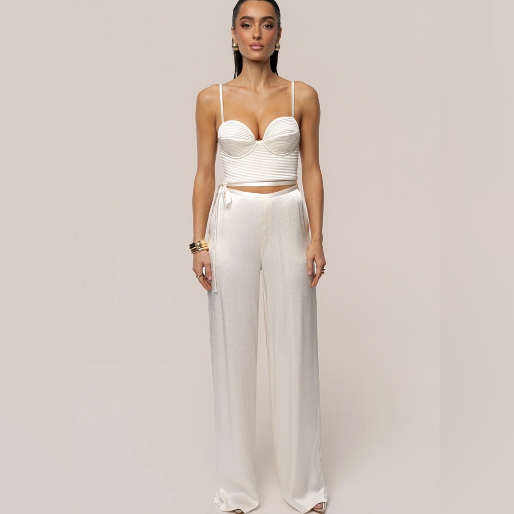 JLUXLABEL Champagne Deserae Satin Pants & Thalia Textured Bustier Set